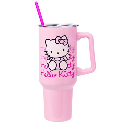 Silver Buffalo Sanrio Hello Kitty Waving Stainless Steel Tumbler with Handle and Straw, Fits in Standard Cup Holder, 40 Ounces