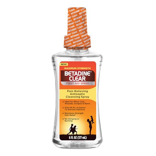 Betadine Clear First Aid Spray, Max Strength Pain Relieving Antiseptic Cleansing Spray, No Stinging, Kills 99.9% of Germs*, Helps Prevent Infections, 6 oz
