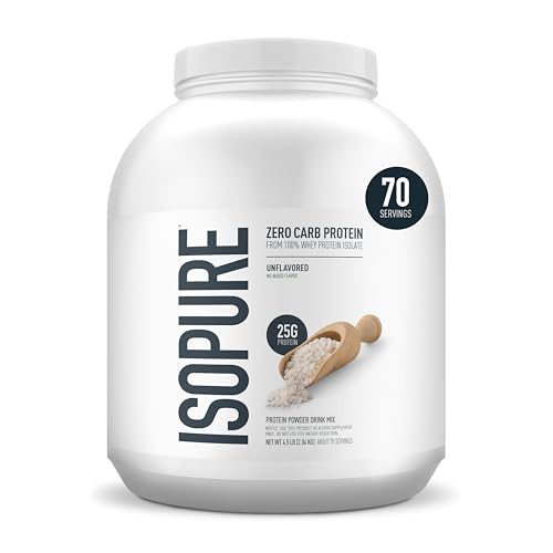 Isopure Zero Carb 100% Pure Whey Isolate Protein Powder, Lactose Free, Gluten Free, with Vitamins, Unflavored, 25g Protein Per Serving, 4.5 Lbs, 50 Servings (Packaging May Vary)