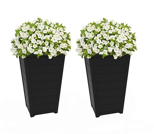 Keter Set of 2 Resin Modern Outdoor 22 Inch Tall Large Flower Pots, Tapered Wood Look Planters for Outdoor Plants and Front Porch Decor, Graphite