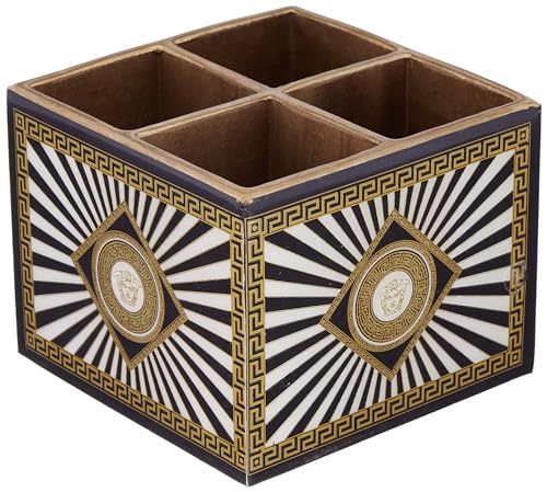 Attro Spiral Black Designer Wooden 4 Compartments Cutlery Holder, Organizer Stand, Multipurpose Stand, Spoon Holder Handcrafted Wooden Décor
