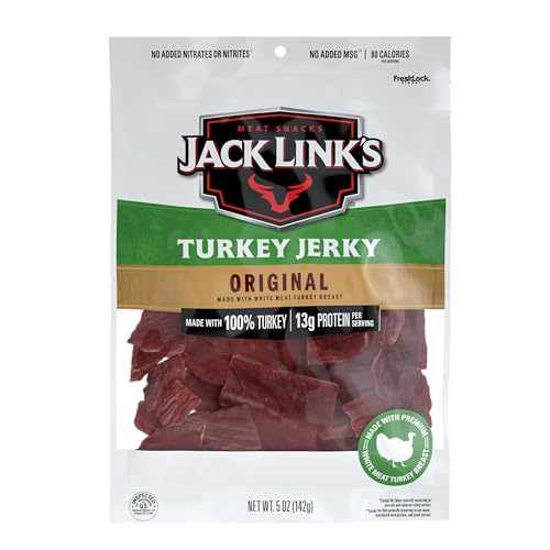 Jack Link's Turkey Jerky, Original, Jerky Bag - Flavorful Snack, Ready to Eat Protein Snacks with 13g of Protein per Serving, Made with 100% Turkey, Keto Friendly - 5 Oz.
