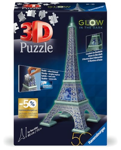 🔥 STARKER PREIS (-34%) Ravensburger 3D Puzzle 11591 - Eiffelturm Glow-In-The-Dark Edition - Das Wahrzeichen aus Paris, nachleuchtend, Eiffelturm Modell - ab 10 Jahren