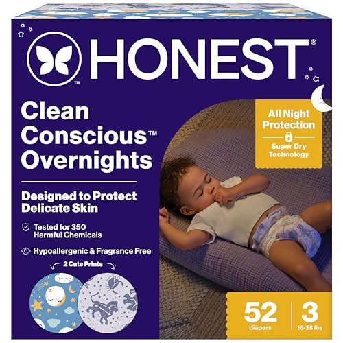 The Honest Company Clean Conscious Overnight Diapers for Sensitive Skin, Hypoallergenic Fragrance-Free Baby Diapers, Cozy Cloud and Star Signs Design, Club Box, Size 3 (16–28 lbs), 52 Count