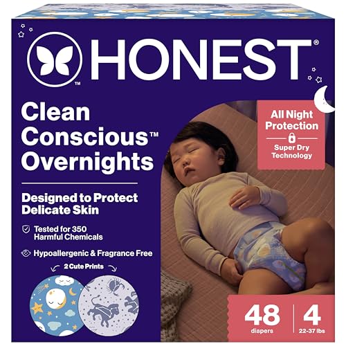 The Honest Company Clean Conscious Overnight Diapers for Sensitive Skin, Hypoallergenic Fragrance-Free Baby Diapers, Cozy Cloud and Star Signs Design, Club Box, Size 4 (22–37 lbs), 48 Count