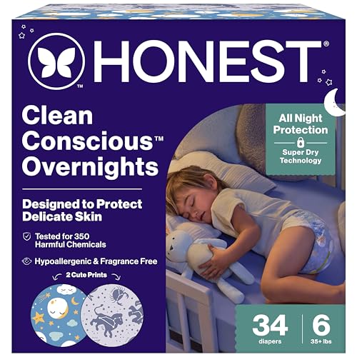 The Honest Company Clean Conscious Overnight Diapers for Sensitive Skin, Hypoallergenic Fragrance-Free Baby Diapers, Cozy Cloud and Star Signs Design, Club Box, Size 6 (35+ lbs), 34 Count