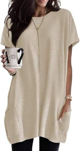 Poetsky Womens Long T-Shirts Loose Fit Solid Color Short Sleeve Long Tunic Tops to Wear with Leggings Boxy Shirts with Pockets for Women Apricot