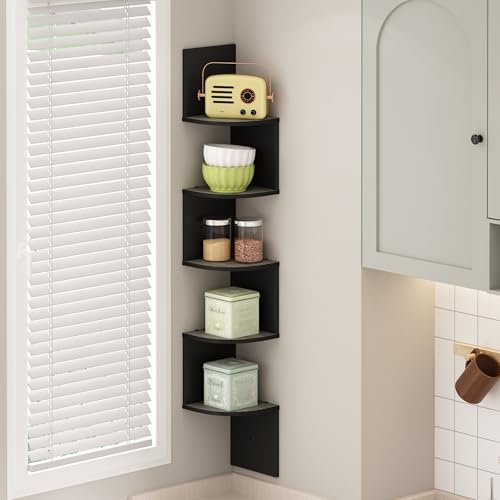 Furinno Rossi 5-Tier Floating Corner Shelf for Wall, Corner Zigzag Shelf Wall Mounted, Radial Wall Mount Shelves, for Ho