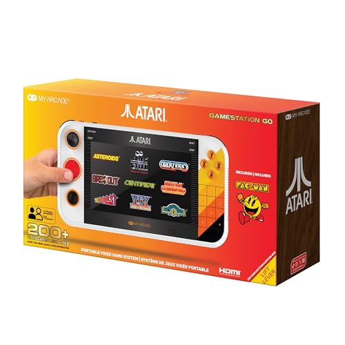 My Arcade Atari Gamestation Go: Rechargeable Battery, Over 200+ Preloaded Retro Video Games Including Pac-Man, Atari: Recharged, & Balls of Steel, WiFi,Smartglow, 7 inch Display,