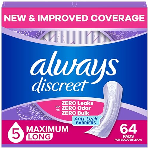 Always Discreet Adult Incontinence Pads for Women, Heavy Absorbency, Long Length, Postpartum Pads, 64 Count (2 Packs of 32)