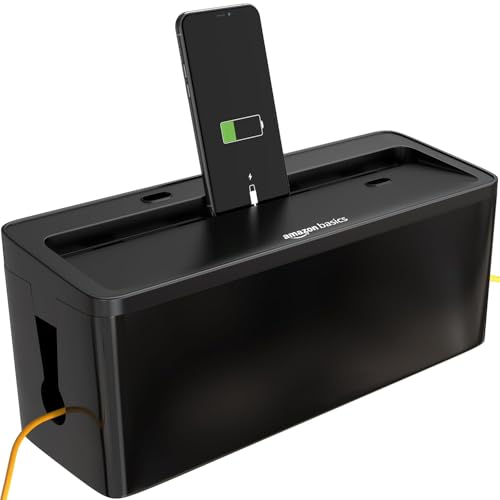 amazon basics Cable Management Box with Phone Stand | Cord Organizer Hides Extension Board, Power Strips, Surge Protector, Cords, Wire, Router | TV Co