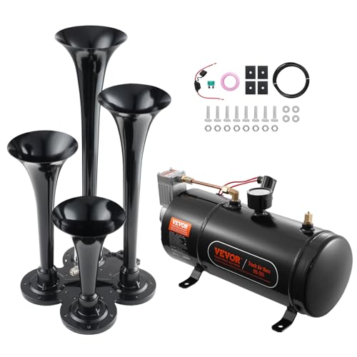 VEVOR 4 Trumpet Air Horn Kit, 150dB Train Horns for Pickup Trucks, 12V 120 psi Air Compressor 0.8 Gal/3 L Tank with Gauge for Any 12V Vehicle Car Truck Train Van Boat