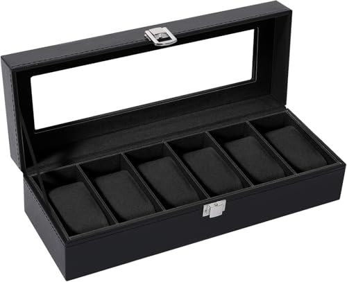 Uten Caja de reloj, caja de reloj con 6 ranuras, organizador de relojes con tapa de vidrio grande, forro negro, caja de exhibición de reloj para hombres y mujeres