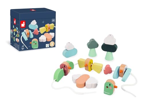 Janod - Sweet Cocoon Threading Beads - 21 Bird, Wing & Cloud Beads - Develops Fine Motor Skills - FSC Wood Toy - Early-Learning Game - 24 Months +, J04050