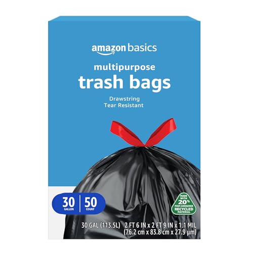 Amazon Basics 30 Gallon Multipurpose Drawstring Trash Bags, 20% Post Consumer Recycled, 50 count