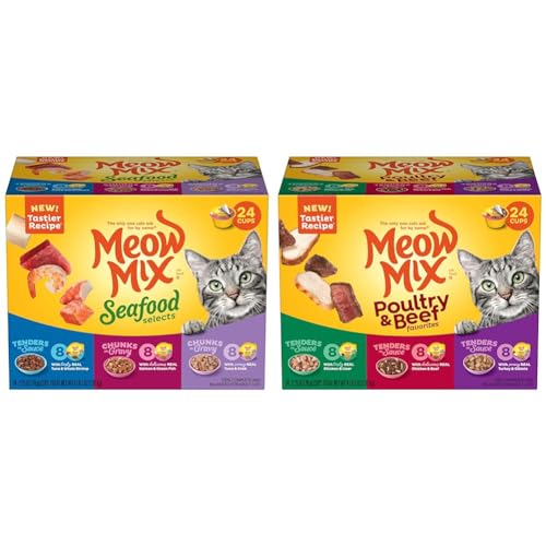 Meow Mix Wet Cat Food Bundle: Seafood Selects Variety Pack, 2.75 Ounce Cup (Pack of 24) + Tenders in Sauce Poultry & Beef Variety Pack, 2.75 Ounce (Pack of 24)