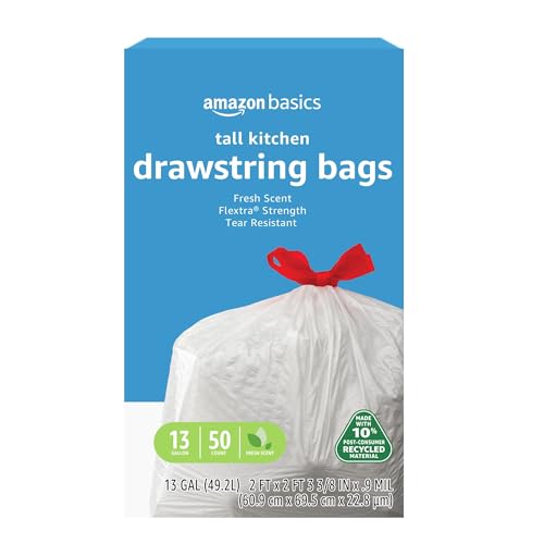 Amazon Basics 13 Gallon Flextra Strength Tall Kitchen Drawstring Trash Bags, Tear Resistant, Clean Fresh Scent, 10% Recycled Content, 50 Count