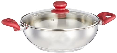Amazon Brand - Solimo Stainless Steel Impact Bottom Kadhai with Glass Lid (26 cm) | Gas Stove and Induction Compatible | Ergonomic Handle | Dishwasher