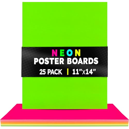 Hygloss Medium Poster Board 11x14 - 25 Assorted Neon Color Poster Boards Bulk Pack - 10 Pt. Thickness Colored Poster Board Paper for Projects, Signs, Displays - Posterboard Multipack 11" x 14"