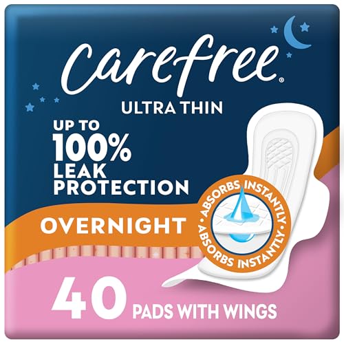 Carefree Ultra Thin Pads for Women, Overnight with Wings, 40ct | Feminine Care, Period & Postpartum Pads | 40ct (Pack of 1)