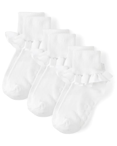 Gymboree,Baby Girls,and Toddler Crew Socks,White Ruffle 3-Pack,4 Years-5 Years