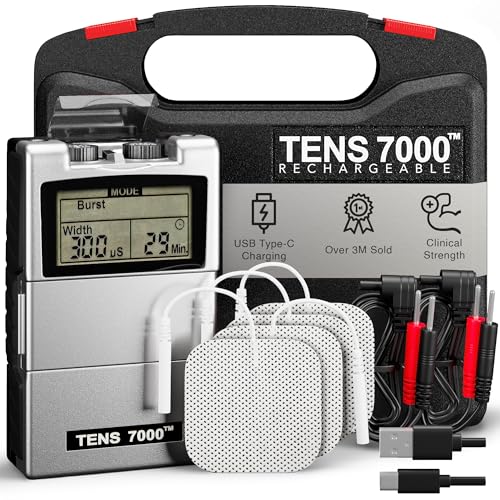 TENS 7000Rechargeable Tens Unit Muscle Stimulator, Back Pain Relief, 4 Electrodes/Unit Pads, Period Pain Simulator, Mus