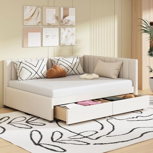 Merax Upholstered Daybed with 2 Storage Drawers, Full Size Sofa Bed Frame, No Box Spring Needed, Linen Fabric, Beige