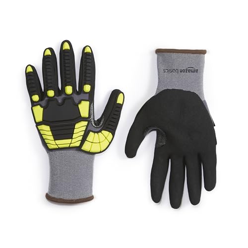 Amazon Basics Cut Level A1, Abrasion ANSI Level A4, Impact Protection Gloves with Touch Screen Friendly 15G Sandy Nitrile Palm, Pack of 120 Pairs, Yellow, Size Large