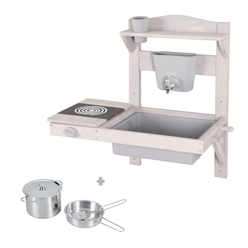 (-26%) roba Kinder Matschküche zum Hängen - Funktionelle Outdoor Spielküche mit Wasserspender & Zubehör - Wetterfestes Holz - Grau lasiert
