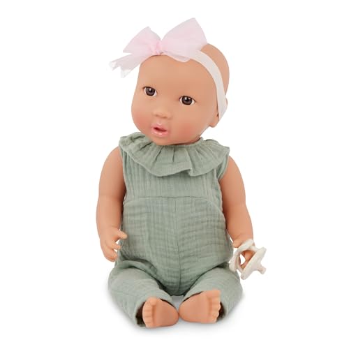 LullaBaby – 14-Inch Realistic Baby Doll – Blue Eyes, Fair Skintone & Soft Huggable Body – Green Jumper Outfit with Bow Headband – Removable Clothes – Pretend Play Toy for Kids Ages 2+