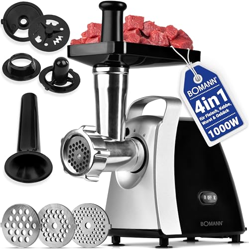 (-51%) Bomann® Fleischwolf 1000W | mit Aufsatz für Plätzchen/Spritzgebäck | Fleischwolf elektrisch | 3 Metall-Lochscheiben | Vor- und Rücklauf | inkl. Wurstfüller | Metall-Hals u. Schnecke | FW 6067 CB