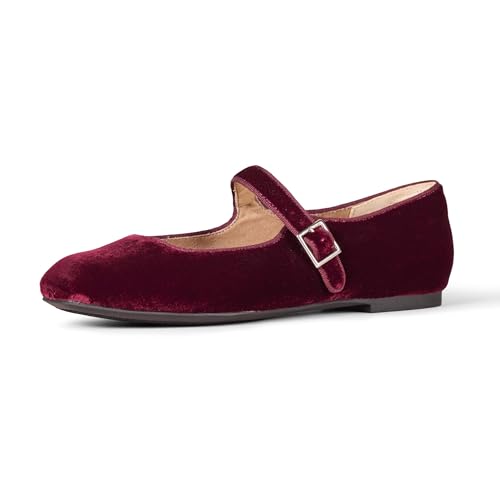 Amazon Essentials Women's Mary Jane Ballet Flat, Burgundy Velvet, 5