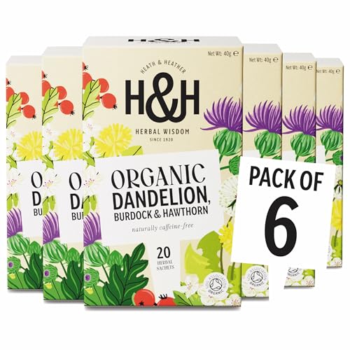 Heath & Heather - Organic Dandelion, Burdock & Hawthorn Tea • Wild Meadow Herbal Infusion for Liver & Heart Health • Caffeine‑Free • Vegan • Multipack 6 x 20 Boxes (120 Tea Bags)
