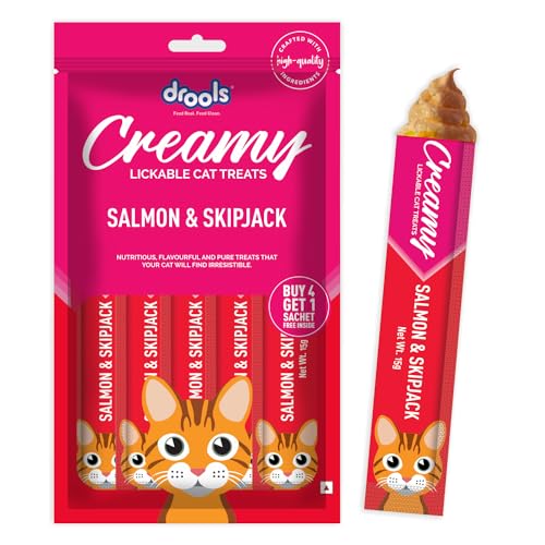 Drools Creamy Lickable Cat Treats (75g x 5 Pouches) Total 375g | Salmon & Skipjack | Easy to Hand Feed | Enriched with Vitamins