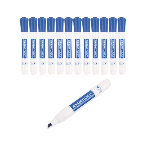 Amazon Basics Dry Erase Markers, Whiteboard Markers, Chisel Tip, Low-Odor, Blue, Pack of 12, For Drawing, Sketching and Writing