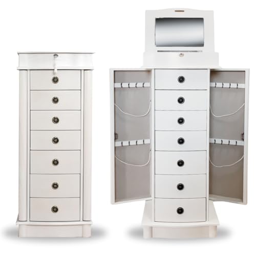 Hives and Honey Nora Jewelry Armoire Cabinet with Mirror – 7 Drawers, Locking Top, Necklace Hooks, Anti-Tarnish Felt – Traditional Standing Jewelry Organizer for Women, White