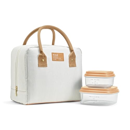 Fit & Fresh Lunch Bag For Women, Insulated Womens Lunch Bag For Work, Leakproof & Stain-Resistant Large Lunch Box For Women With Containers, Zipper Closure Bloomington Bag, Ivory Woven