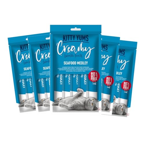 Kitty Yums Creamy Lickable Cat Treat (75g x 5 Pouches) Total 375g | Seafood Medley Flavour | Better Digestibility | Easy to Hand Feed | Better Brain &