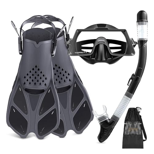 SS01- Snorkel Set for Adults with Mask, Dry Top Snorkel and Gear Bag for Swimming Training, Snorkeling Kit Diving Packages,Black