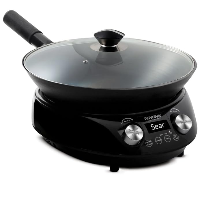 Nuwave Induction Wok, 3 Wattages 600, 900 & 1500, Precise Temp Controls from 100°F to 575°F in 5°F, Infuse Complex Charred Aroma & Flavor, Authentic 14-inch Carbon Steel Wok Included, Wok Hei