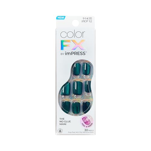 KISS imPRESS No Glue Mani Press On Nails, Color FX, 'Better Things', Dark Green, Short Size, Squoval Shape, Includes 30 Nails, Prep Pad, Instructions Sheet, 1 Manicure Stick, 1 Mini File