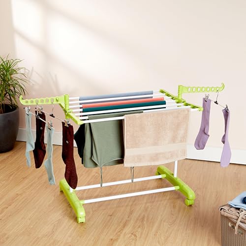 Amazon Brand - Solimo Premium Steel Double Support Cloth Drying Rack | Foldable and Movable | White & Green