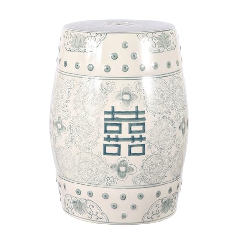 JONATHAN Y TBL1013C Double Happiness 18" Chinoiserie Ceramic Drum Indoor/Outdoor Garden Stool Bohemian, Coastal, Classic, Cottage, Traditional, Patio, Garden, Bathroom, Living Room, Gray Blue/White