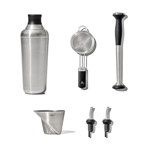 OXO Steel 6-Piece Barware SetFineDine 10-Piece Cocktail Shaker Set with Travel Bag - Stainless Steel Shaker Set Bartend