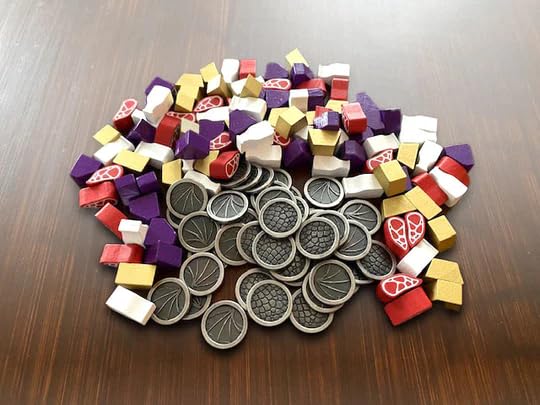 Stonemaier Games: Wyrmspan Upgrade Pack | Metal Coins and Wooden Resources | 45 Double-Sided Metal Dragon Coins and 104 Wooden Resources (Meat, Gold, gem, and Milk) - Add to Wyrmspan