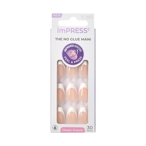 KISS imPRESS No Glue Mani Press On Nails, French, 'Model', Light Neutral + White Tip French, Short Size, Squoval Shape, Includes 30 Nails, Prep Pad, Instructions Sheet, 1 Manicure Stick, 1 Mini File