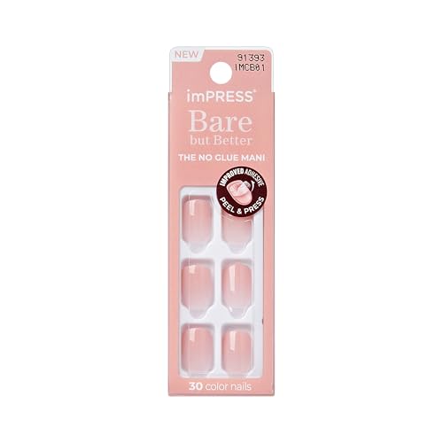 KISS imPRESS No Glue Mani Press On Nails, 'Instinct', Light Pink, Short Size, Squoval Shape, Includes 30 Nails, Prep Pad, Instructions Sheet, 1 Manicure Stick, 1 Mini File