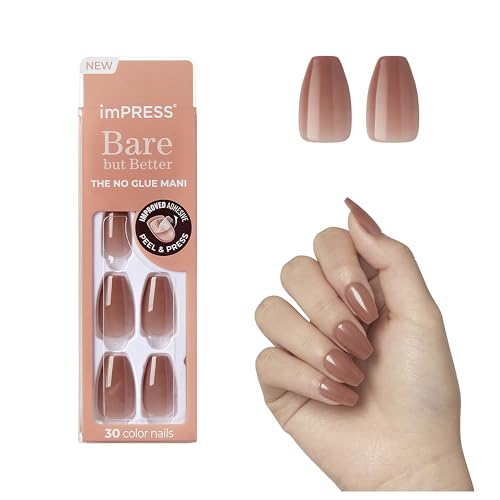 KISS imPRESS No Glue Mani Press On Nails, Bare but Better, 'Flare', Medium Neutral, Medium Size, Coffin Shape, Includes 30 Nails, Prep Pad, Instructions Sheet, 1 Manicure Stick, 1 Mini File