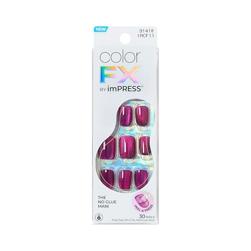 KISS imPRESS No Glue Mani Press On Nails, Color FX, 'Levels', Dark Pink, Short Size, Squoval Shape, Includes 30 Nails, Prep Pad, Instructions Sheet, 1 Manicure Stick, 1 Mini File