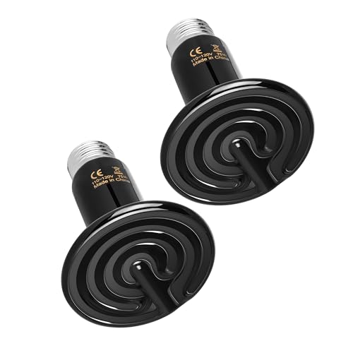 Simple Deluxe 75W Ceramic Heat Emitter 2-Pack, Reptile Heat Lamp No Light Emitting Heat Bulbs for Amphibian Terrarium, Bearded Dragon Lizard Snake Turtle, Brooder Coop Incubating Chicken